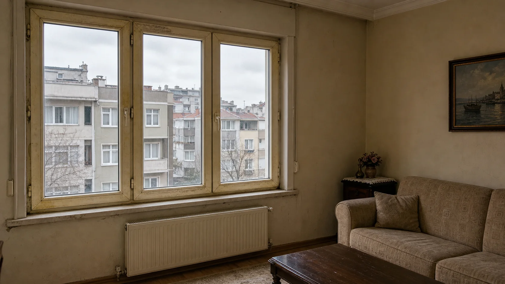Sararmış eski PVC pencere ve kasvetli atmosfer